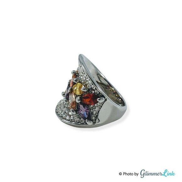 Wide Multi Color Crystals Silver Tone Concave Statement Ring - Picture 7 of 13